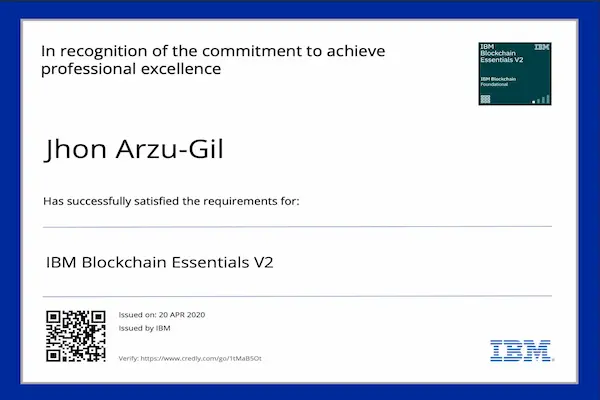 The IBM Blockchain Essentials V2 course provided a comprehensive introduction to the principles and applications of blockchain technology, with a focus on enterprise use cases.

Key knowledge and skills gained include:
Understanding the core components of blockchain, including distributed ledgers, consensus mechanisms, cryptographic security, and smart contracts
Exploring the value of blockchain in enhancing transparency, trust, and traceability across business networks
Learning how blockchain differs from traditional databases and how it supports decentralized systems
Gaining familiarity with Hyperledger Fabric, IBM Blockchain Platform, and how businesses build permissioned blockchain networks
Examining real-world blockchain applications in industries such as finance, supply chain, and healthcare

This certification demonstrates my foundational proficiency in blockchain concepts and my ability to evaluate and participate in enterprise blockchain projects.